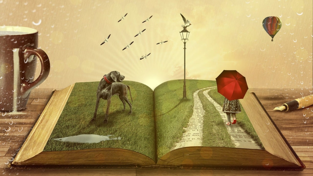 a drawing of a pop-up book with a mug, ink fountain pen and a yellow sky backdrop