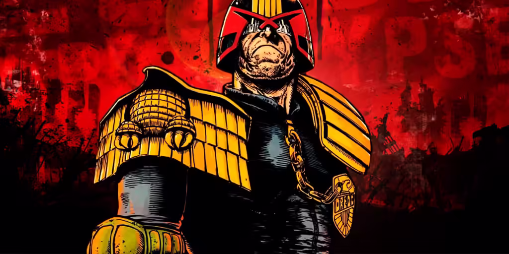 judge dredd standing in front of a ruined mega city one