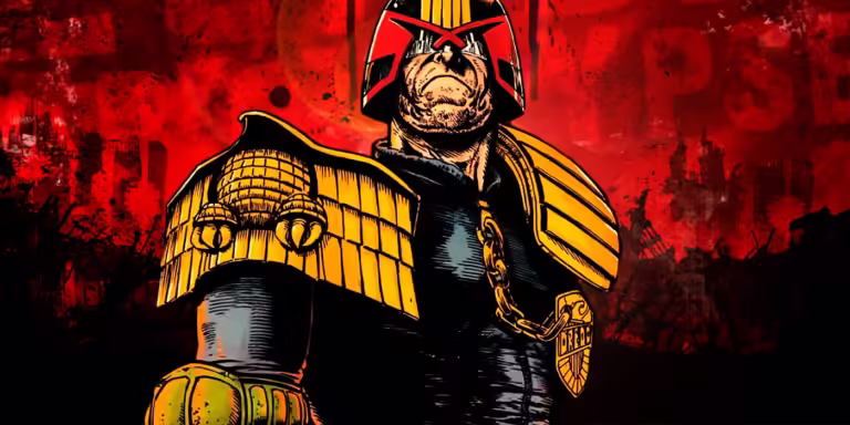judge dredd standing in front of a ruined mega city one