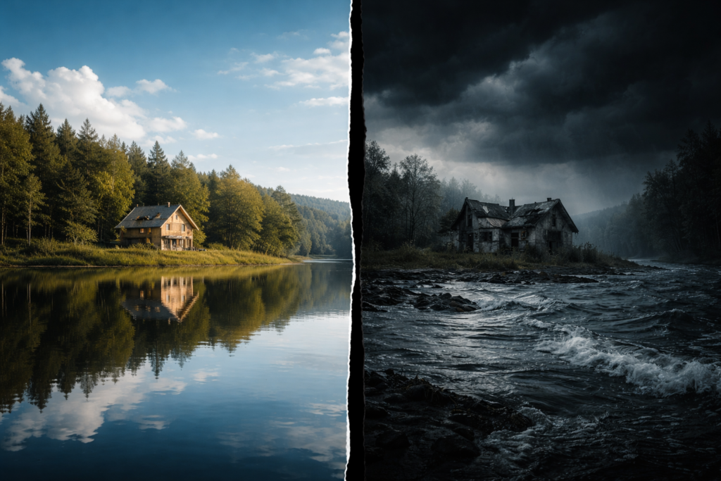 A metaphorical representation of the 'Hinge' in micro-fiction: A composite image of a peaceful cottage by a calm lake on the left, separated by a vertical rift, which transitions on the right into a stormy, ruined version of the same scene.